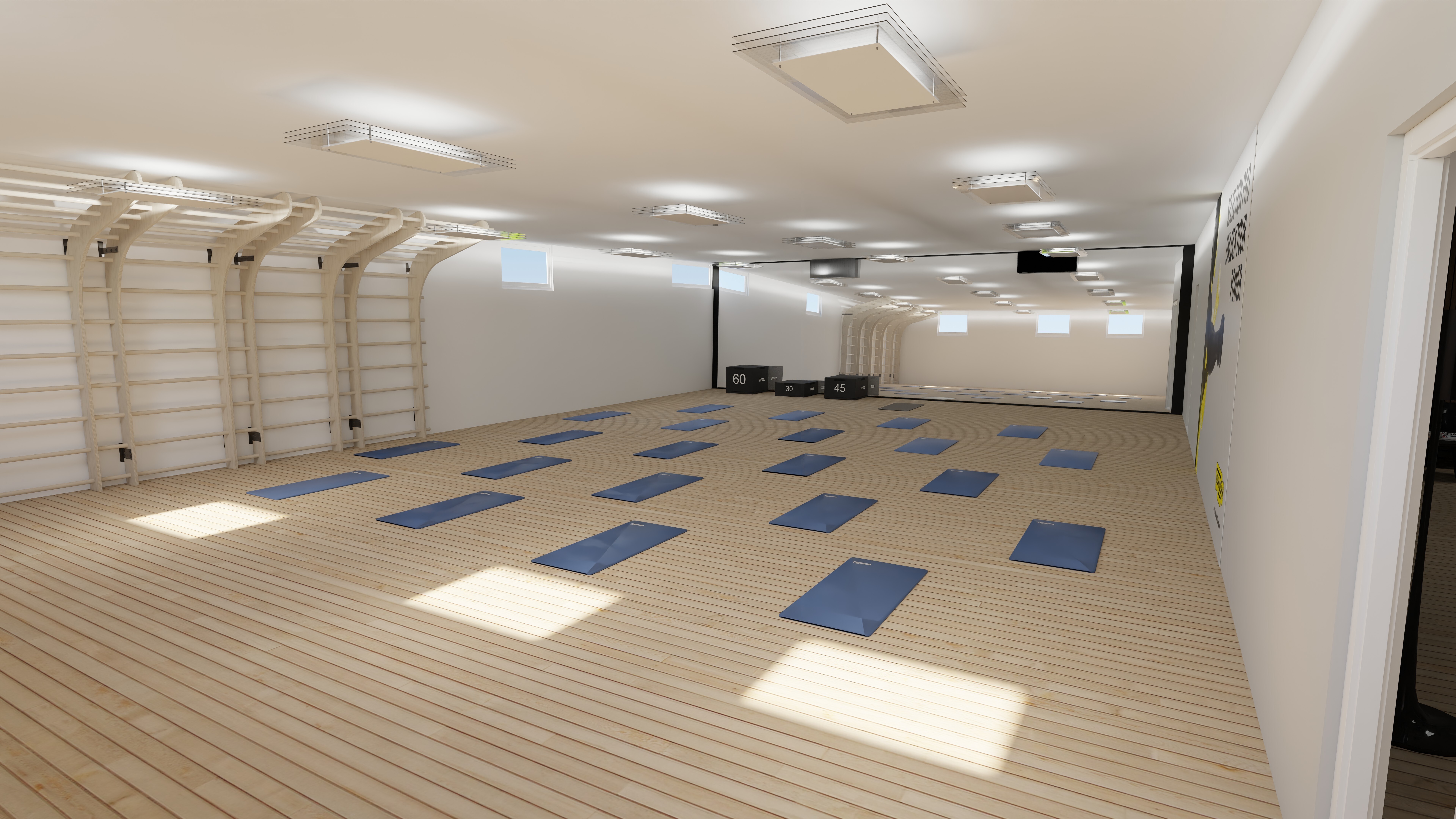 FITSPACE 140m² Bewegungsraum - Ansicht mit Trainingsmatten