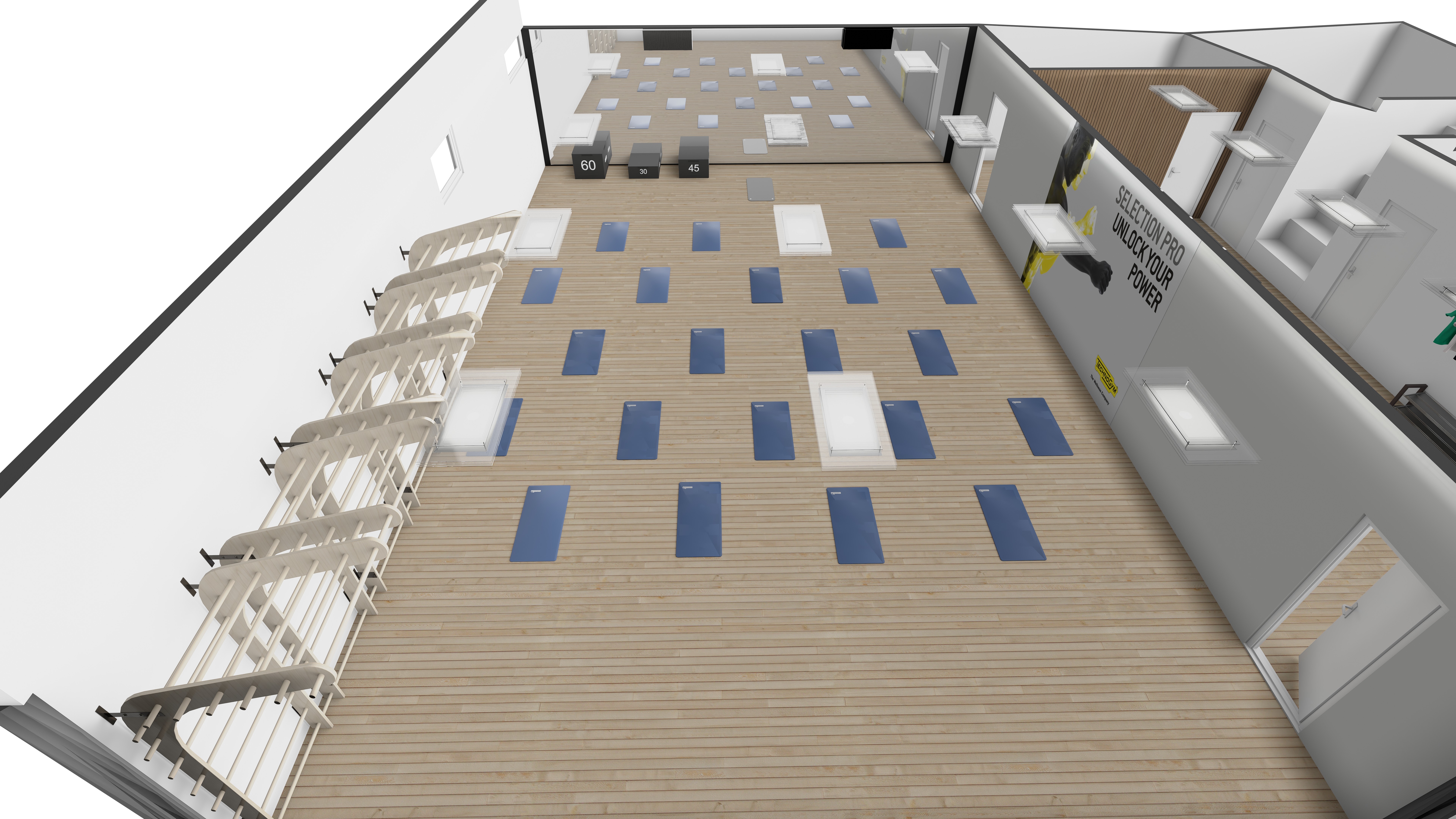 FITSPACE 140m² Bewegungsraum - Ansicht mit Trainingsmöglichkeiten